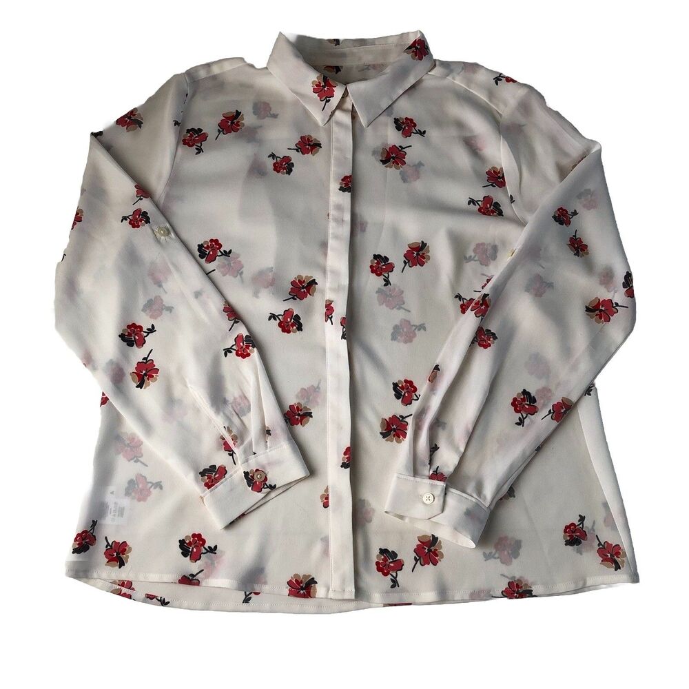 LOFT Womens Button Up Roll Tab Long Sleeves Blouse Floral Print Medium Petite